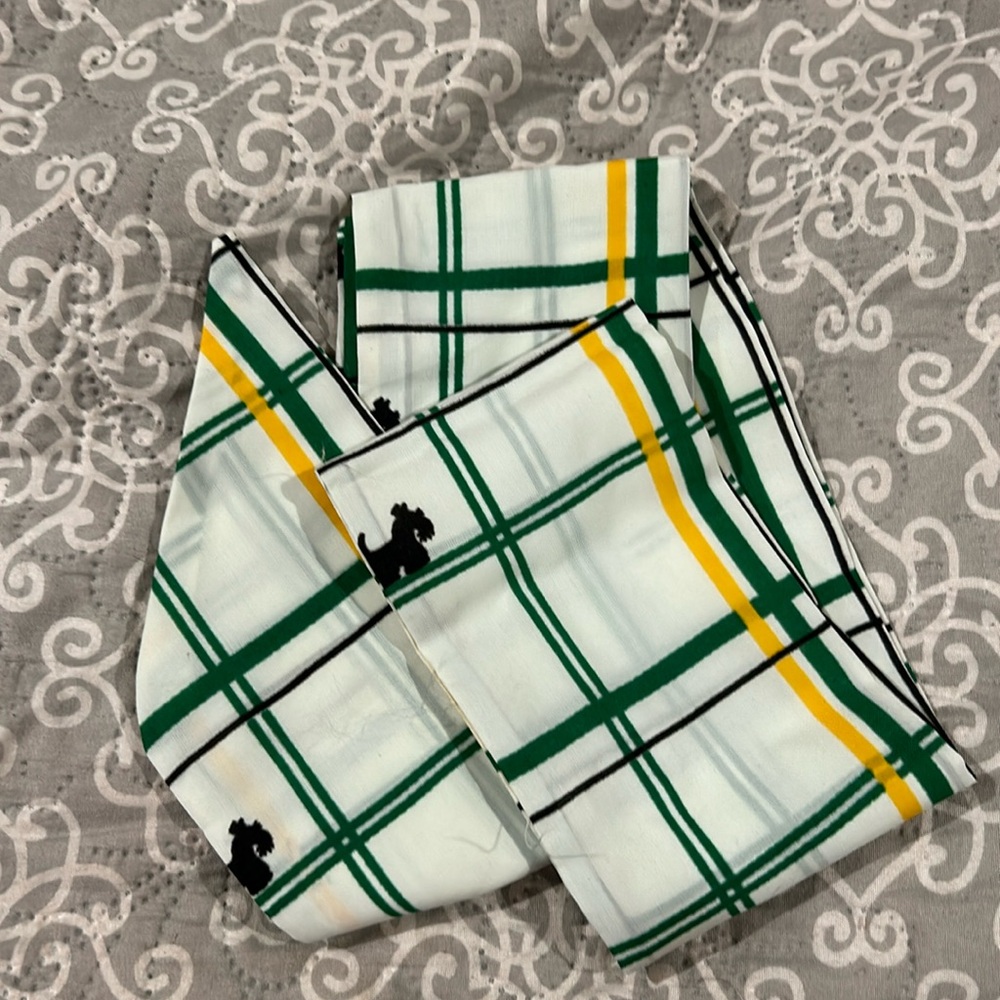 Vintage neck scarf hair wrap 58.5” x 4” green and yellow plaid with Scotty dogs.